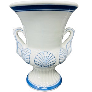 Vintage Blue and White Ceramic Handled Urn with Seashells