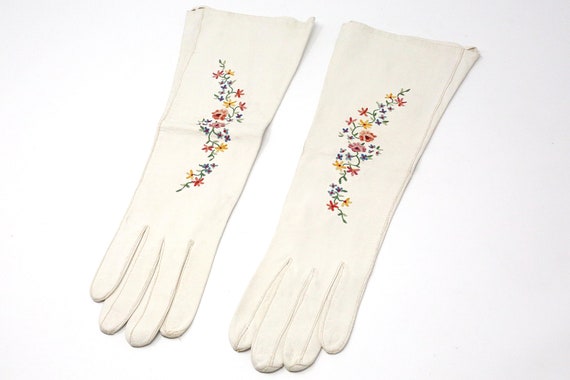Vintage White Leather Opera Gloves With Embroidere