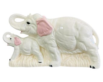 Vintage 1970s Ceramic Elephant Mother & Baby Figurine | Lucky Trunks Up Decor | White and Pink Porcelain Collectible | Animal Statue