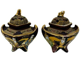 Vintage Satsuma Incense Burners with Foo Dog Lids Signed Made in Japan a Pair