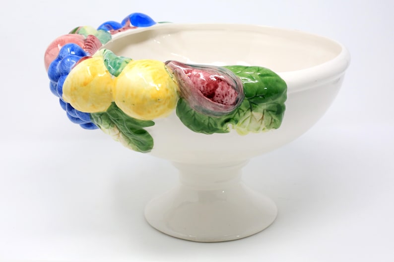 Portuguese Vintage Hand-Painted Made in Portugal Large Fruit Compote Bowl With Lemons Grapes and Strawberries