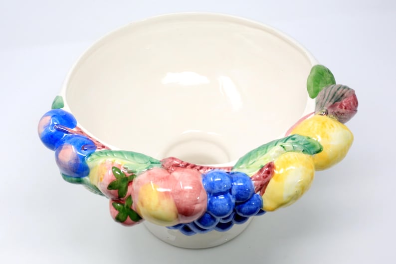 Portuguese Vintage Hand-Painted Made in Portugal Large Fruit Compote Bowl With Lemons Grapes and Strawberries