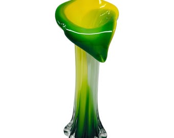 Vintage Jack-in-the-Pulpit Art Glass Vase | Green Yellow Ombre, Calla Lily | MCM Decor, Hand Blown Murano Style Bud Vase