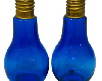 1970's Petite Cobalt Blue Lightbulb Salt and Pepper Shakers | Mid Century Blue Glass Kitchen Decor | Retro Novelty Gift