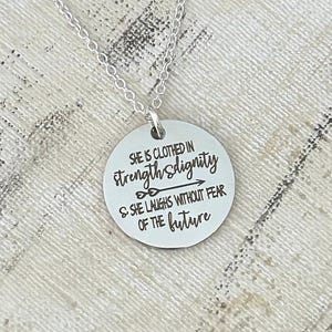 She is clothed in strength and Dignity Proverbs 31 Necklace, Christian Women gift, Engraved Quote Necklace, Scripture Jewelry, Birthday Gift