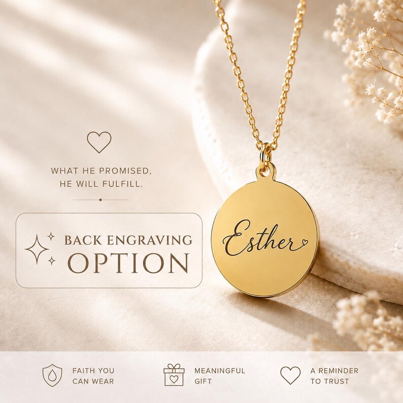 May include: A gold-toned circular pendant necklace featuring the name Esther engraved in a cursive script with a small heart. The design includes text stating: What he promised, he will fulfill, Back engraving option, Faith you can wear.
