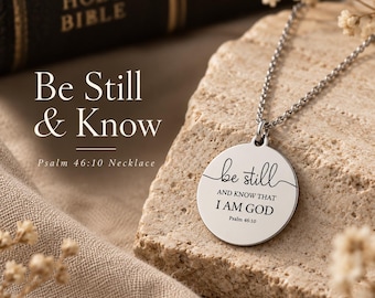 Be Still Necklace, Silver Christian Necklace, Psalm 46:10 Jewelry, Personalized Bible Verse Necklace, Stainless Steel Faith Gift for Her