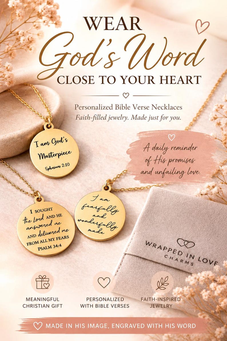 Op de afbeelding: Drie goudkleurige ronde hangerkettingen met gegraveerde bijbelverzen, waaronder I am God's Masterpiece Ephesians 2:10, I sought the Lord Psalm 34:4 en I am fearfully and wonderfully made. De tekst luidt Wear God's Word Close To Your Heart.
