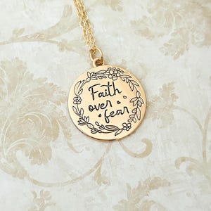 Engraved Flower Necklace: Faith Over Fear Christian Jewelry 14K Gold Plated Christian Gifts