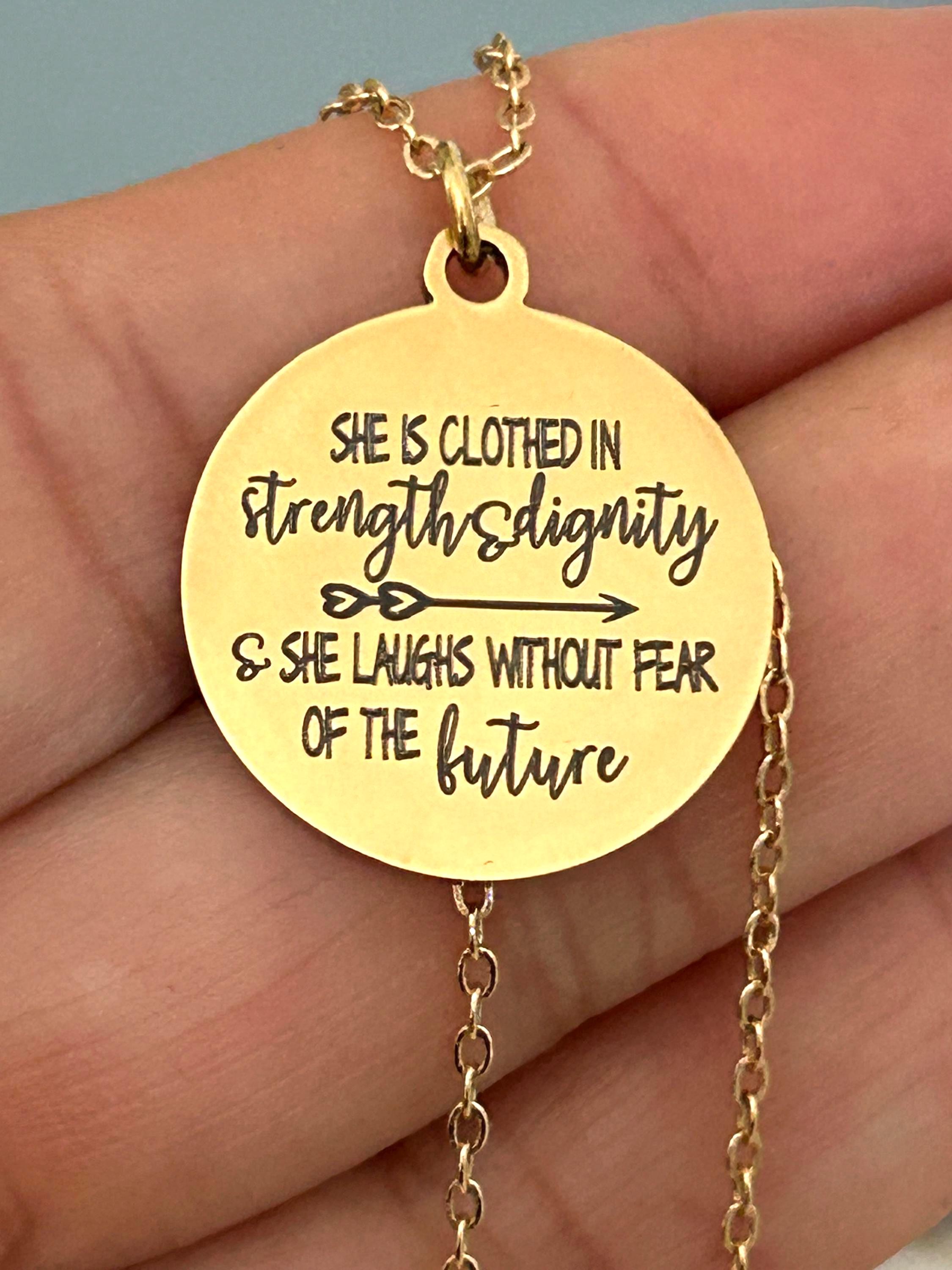 Proverbs 31:25 Gold Necklace, She is clothed in strength and Dignity, Christian Gifts Jewelry, Bible Quote Necklace, Scripture Jewelry,