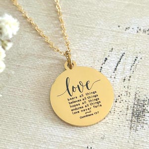 14K Gold Plated Love Never Fails Necklace: Christian Scripture Jewelry