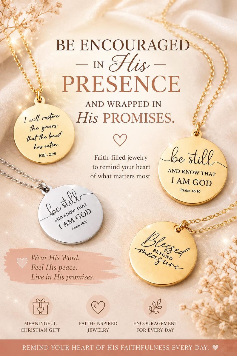 Op de afbeelding: Vier ronde hangerkettingen aan fijne kettinkjes, drie in goudkleur en &eacute;&eacute;n in zilverkleur. Elke hanger is voorzien van gegraveerde tekst, waaronder 'I will restore the years', 'be still and know that I am God' en 'Blessed beyond measure' met bijbelverwijzingen.