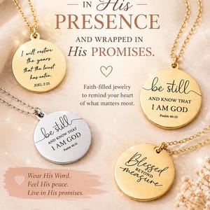 May include: Four round pendant necklaces on delicate chains, three in gold tone and one in silver tone. Each pendant features engraved text including 'I will restore the years', 'be still and know that I am God', and 'Blessed beyond measure' with scripture references.