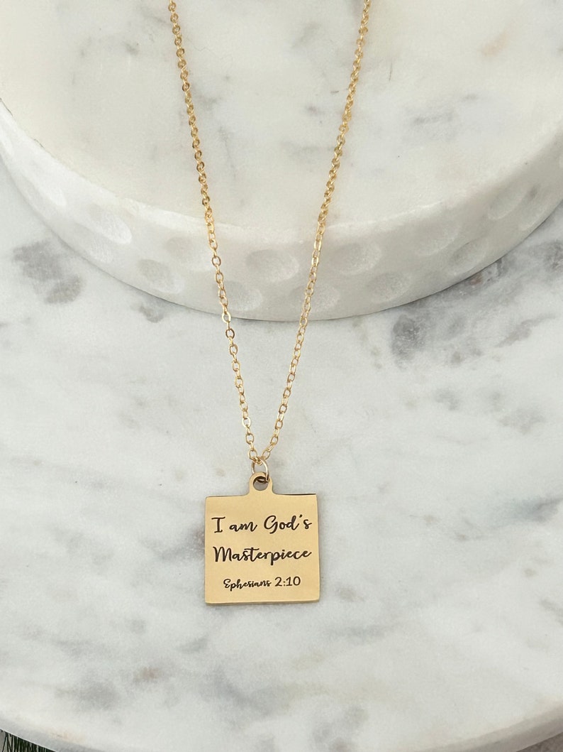 I Am God's Masterpiece Gold Square Necklace, Christian Inspirational