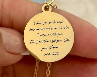When You Go Through Deep Waters Necklace, Isaiah 43:2 Jewelry, Christian Encouragement Gift, Faith Necklace for Women, God Is With You Penda