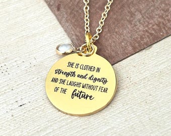 Proverbs 31 Bible Verse Necklace, She is clothed in strength and Dignity, Scripture Jewelry, Christian Gifts, strength necklace, Faith Gifts