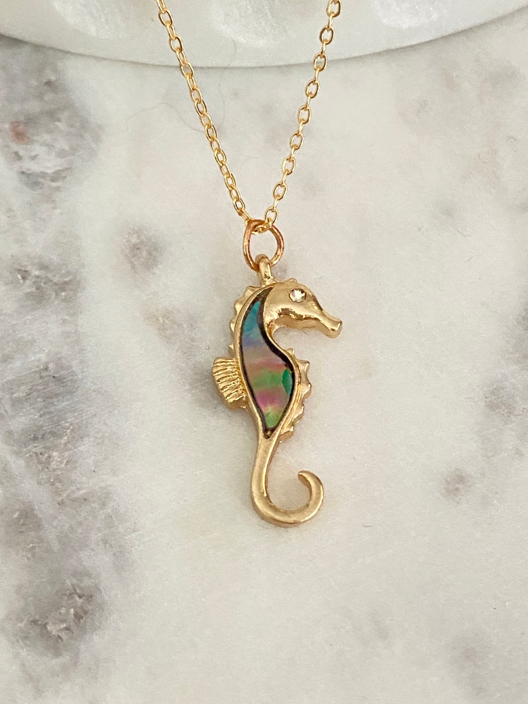 Dainty Abalone Seahorse Necklace 18K Gold Plated Beach Etsy