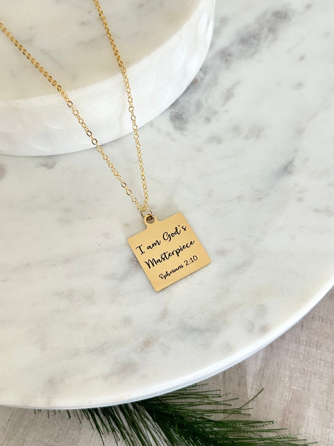 I Am God's Masterpiece Gold Square Necklace, Christian Inspirational