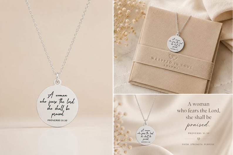 Op de afbeelding: Een zilverkleurige ketting met een ronde hanger waarop de tekst A woman who fears the Lord, she shall be praised, Proverbs 31:30 is gegraveerd. De ketting wordt getoond aan een dunne ketting, vergezeld door een beige geschenkdoos met merknaam.