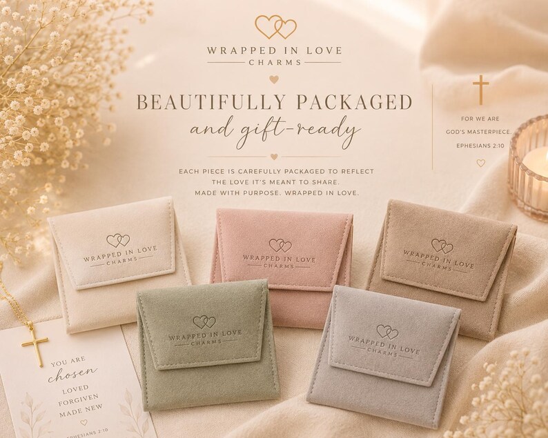 May include: Five small, square, velvet-textured jewelry pouches in cream, dusty pink, sage green, taupe, and light gray. Each pouch features a flap closure with the text Wrapped in Love Charms and a double heart logo printed in a dark color.