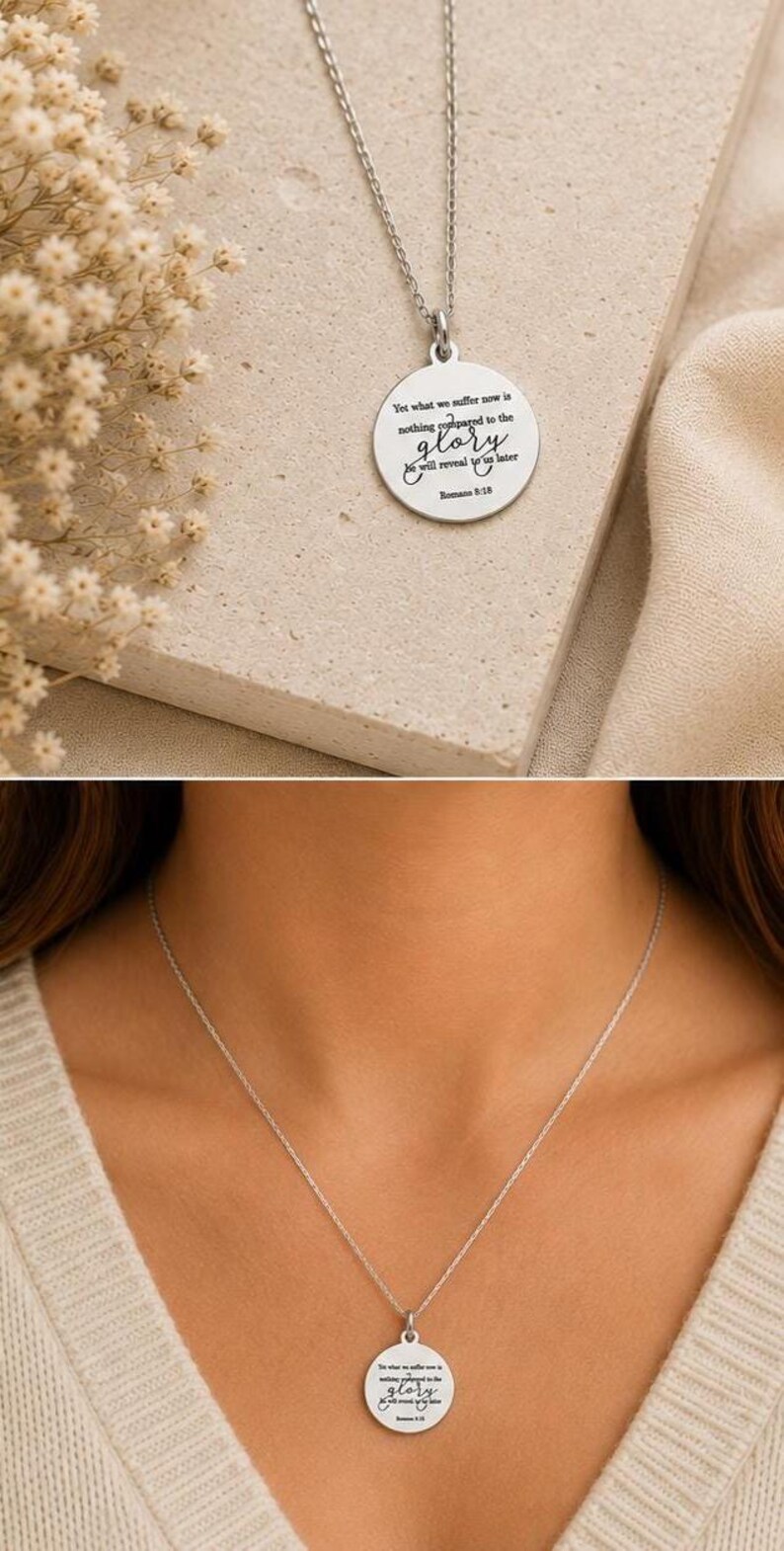 May include: A silver-toned circular pendant necklace featuring the engraved text: Yet what we suffer now is nothing compared to the glory that will reveal to us later Romans 8:18. The pendant hangs from a delicate matching silver-toned chain.
