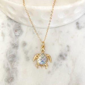 Dainty Gold Sea Turtle Necklace: Iridescent Charm, Beach Jewelry