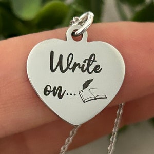 Write On Silver Necklace: Engraved Author Gift, Stainless Steel Charm