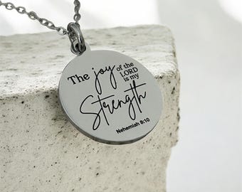 The Joy of The Lord is My Strength Christian Necklace: Engraved Bible Verse Jewelry Christian Gifts Scripture Charms