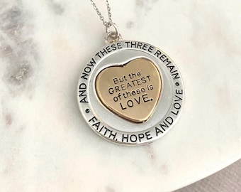 But the greatest of these is Love Bible Verse Spinner Necklace, Christian Gifts Jewelry, Motivational Scripture Charms, Faith Hope and Love