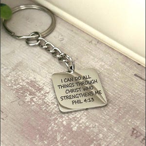 Personalisierte Bibel Vers Quadrat oder Disc Schlüsselbund, christlicher Schmuck, Glauben Schmuck, Schrift Zitat Anhänger, Taufe, christliche Geschenke