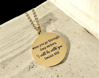 Isaiah 43:2 Deep waters Necklace, 14k Gold Christian Gifts Bible verse Charms