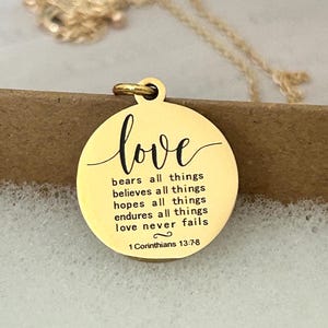 14K Gold Plated Love Never Fails Necklace: Christian Scripture Jewelry