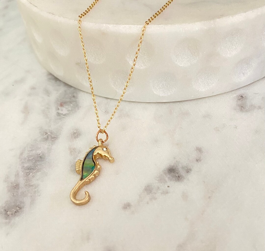 Dainty Gold Abalone Seahorse Necklace Tiny Pendant Beach Etsy
