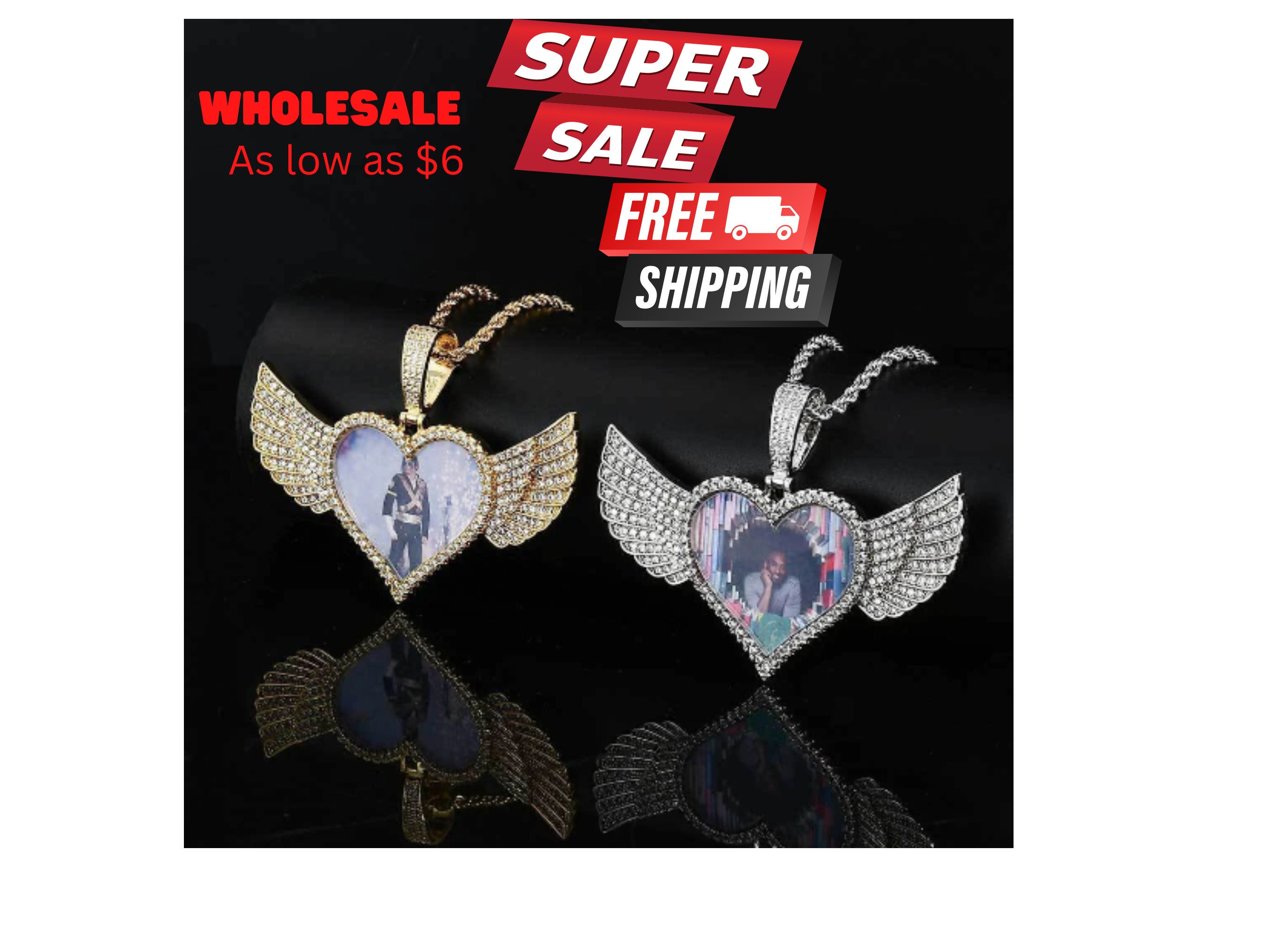 Necklace Large Angel Wing Necklace Sublimation Lots of Bling Gold