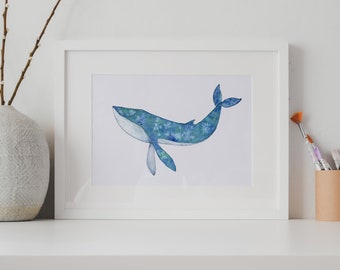 Art Print met aquarel blauwe vinvis illustratie formaat A5