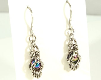 Rainbow hematite bead chainmail drop earrings in Stainless Steel