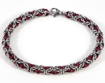 Red Chainmaille Bracelet - Stainless Steel and Red Anodized Aluminum - Two Tone Byzantine Weave - Women's Bracelet