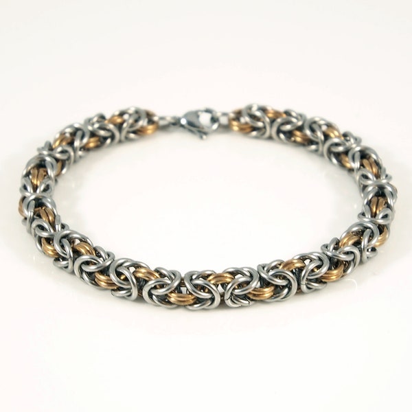 Mixed Metal Chainmaille Bracelet - Brass and Stainless Steel - Jewelry - Women's Bracelet - Byzantine weave