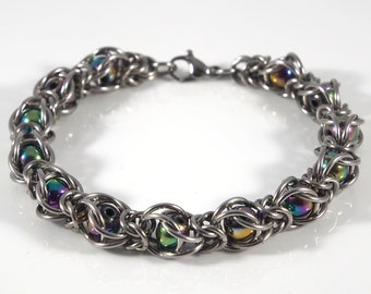 Rainbow Hematite Captured Bead Stainless Steel Chainmaille Bracelet