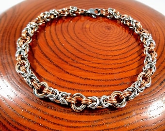 Two Tone Chainmaille Bracelet - Copper and Stainless Steel - Jewelry - Women's Bracelet - Byzantine and Mobius weave