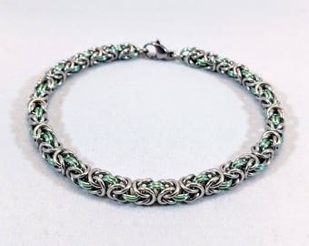 Pastel Green Chainmaille Bracelet - Stainless Steel and Seafoam Green Anodized Aluminum - Two Tone Byzantine Weave - Women's Bracelet