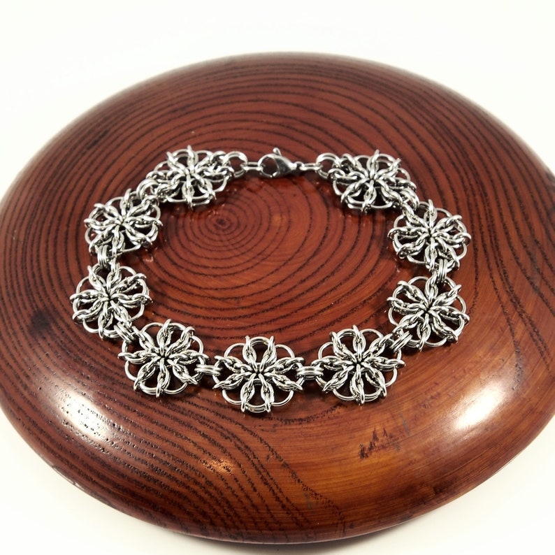 Flower Statement Bracelet Stainless Steel Chainmaille Women's Chainmail Jewelry image 4