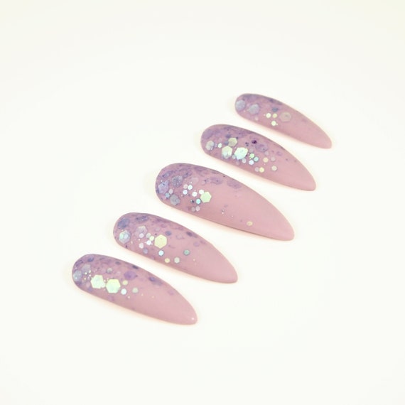Press On Nails Pink Matte With Blue Glitter Ombre Stiletto Set Of 20 Hand Painted Fake Nails