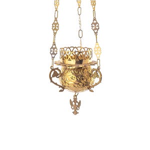 Greek Orthodox Hanging Vigil Oil Lamp – Brass Burner with Handmade Engraved Floral Design Glass Cup Prayer Corner Altar Lighn Burner Lantern