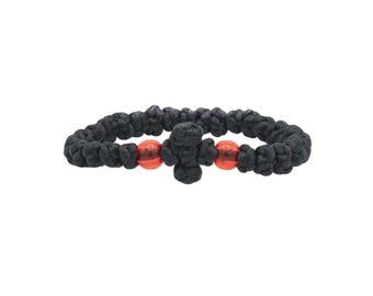 Cuerda de oración ortodoxa griega de seda negra – Pulsera ortodoxa griega anudada a mano con cuentas rojas – Regalo religioso Chotki hecho a mano