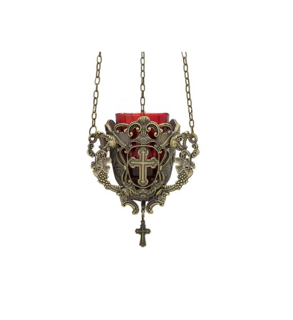 Greek Christian Vigil Oil Lamp Wall Hanging Cross & Vine Greek Christian Vigil Oil Lamp Wall Hanging Cross & Vine