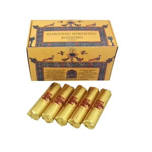 May include: A box of incense charcoal briquettes with gold foil wrapping. The box is decorated with a gold and red design and the text "ΚΑΡΒΟΥΝΑΚΙ ΘΥΜΙΑΜΑΤΟΣ ΒΥΖΑΝΤΙΝΟ".