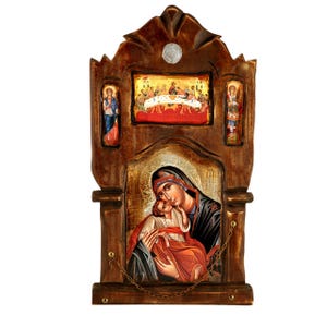 20 1/2&quot; Unique Greek Orthodox Synthesis Theotokos Jesus The Last Supper Archangels Natural Wood Greek Orthodox Icon 52cm
