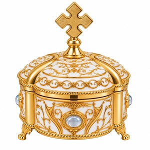 Orthodox Reliquary Box with Cross, Gold Tone Enamel Liturgical Keepsake