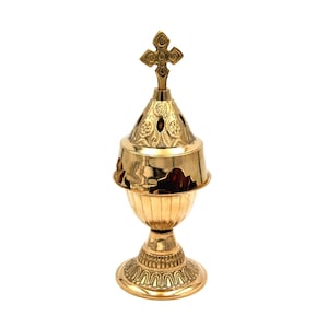 8&quot; Greek Orthodox Givil Oil Lamp | Brass Engraved Floral Design | Cross Top | Glass Votive Included | Prayer Corner Altar Light 20cm